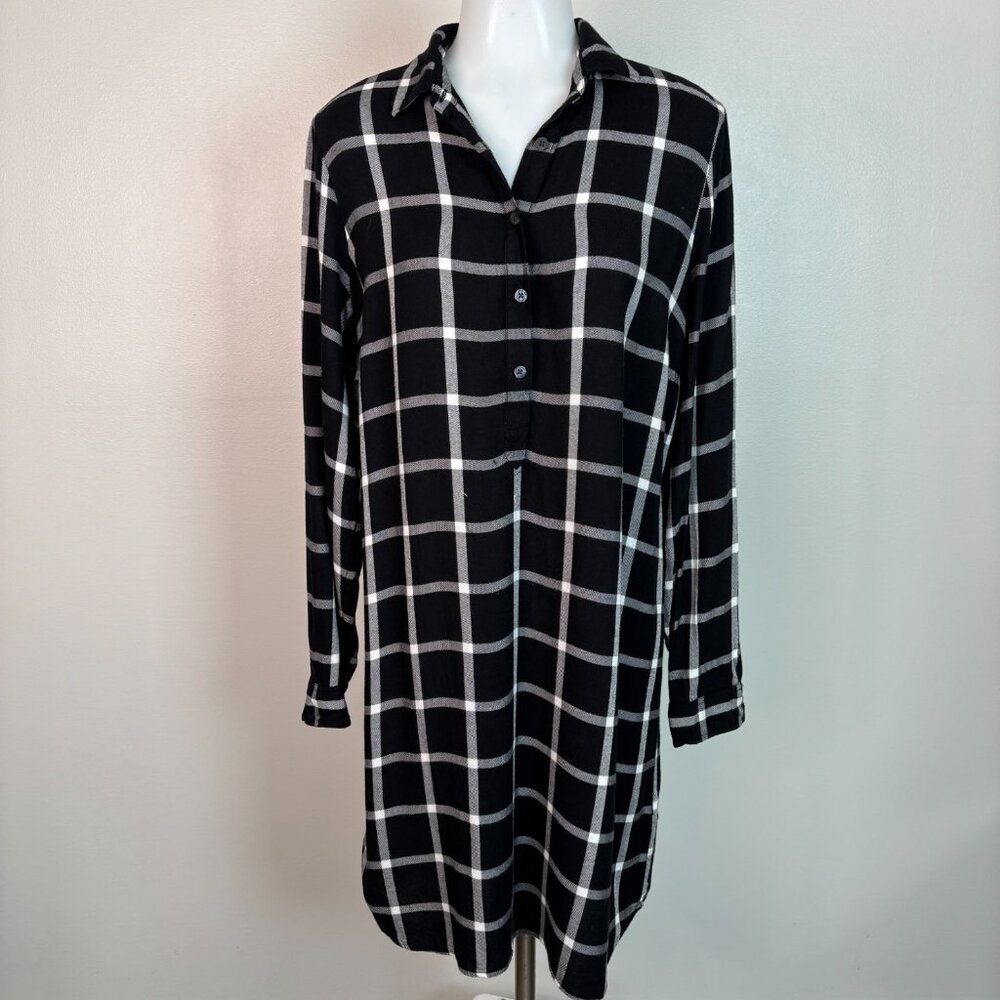 Old Navy Shirt Dress Medium Black White Plaid Flannel Long Sleeve Collared Women